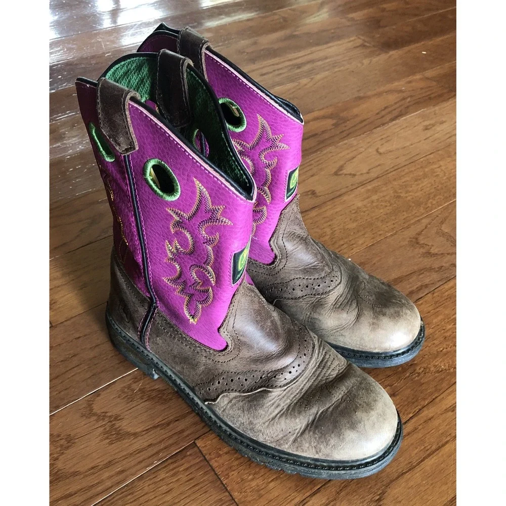 John Deere Youth Cowboy Boots Size 6M Pink Brown Leather Western Kids Work